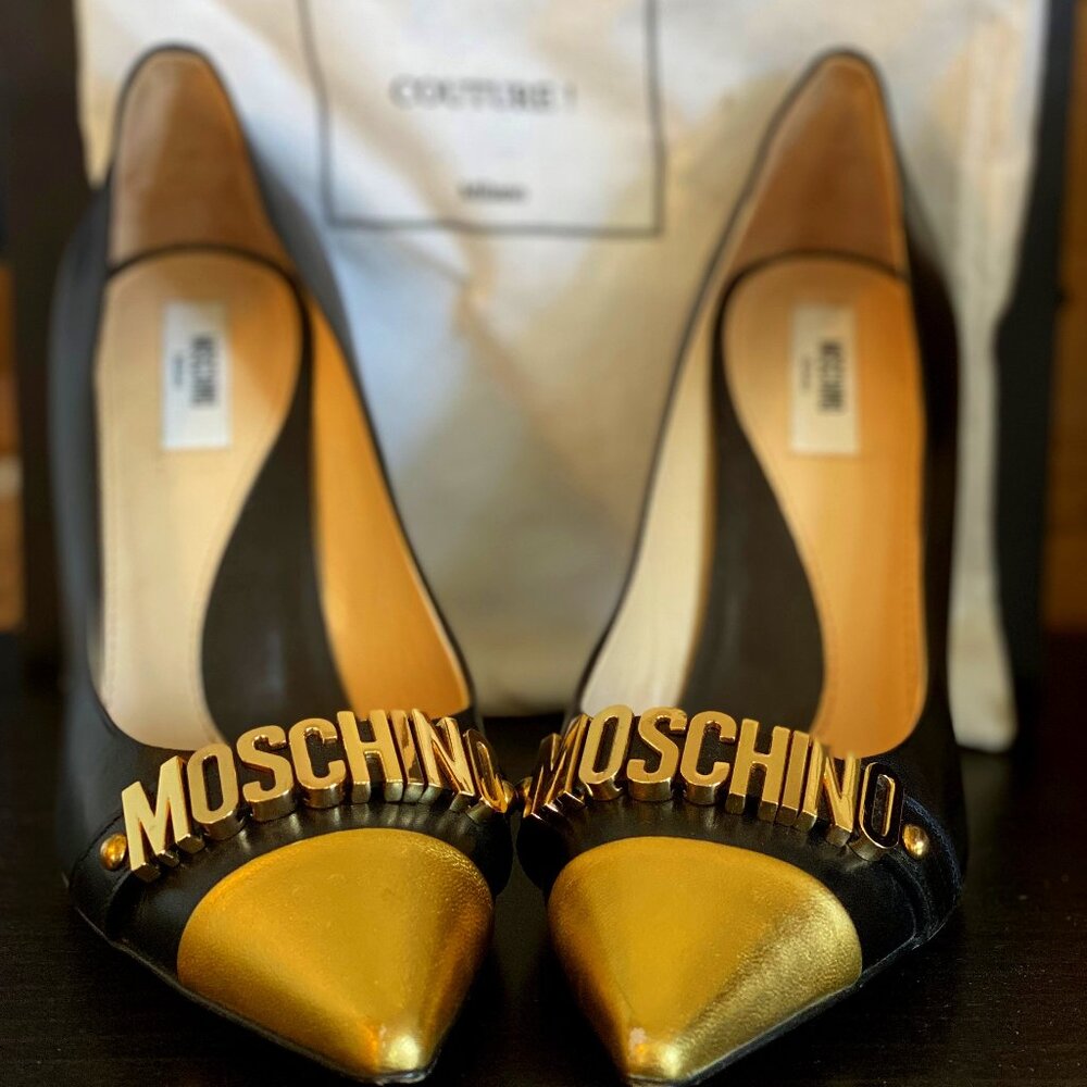 Moschino Black Logo Pumps in Metallic Size 38.5